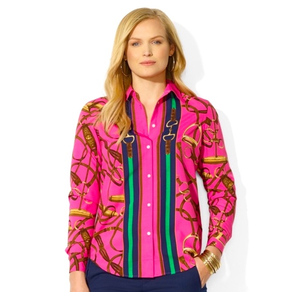 RALPH LAUREN Rare Pink Equestrian Horse Bit Stirrup Beautiful Luxury Blouse Sm - Picture 15 of 15